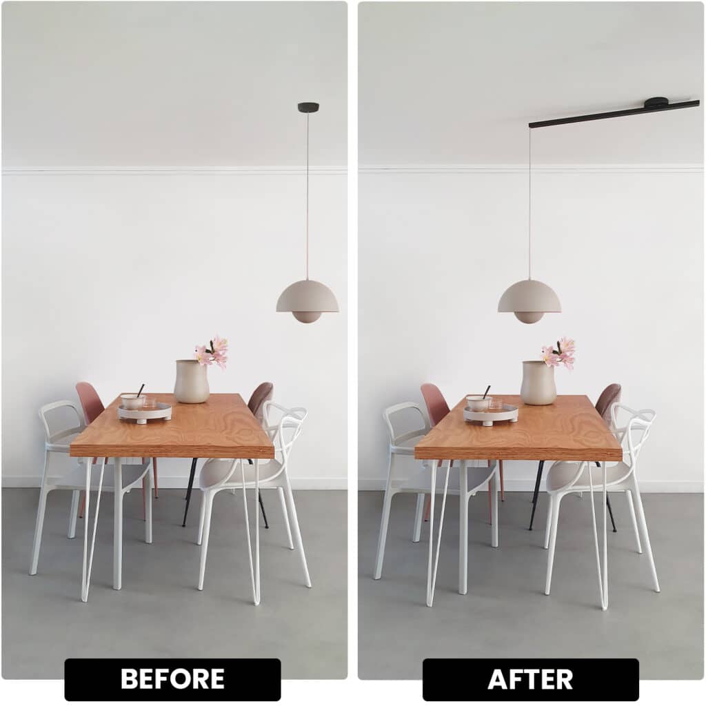 voor en na het ophangen van de Lightswing Single zwart met hanglamp